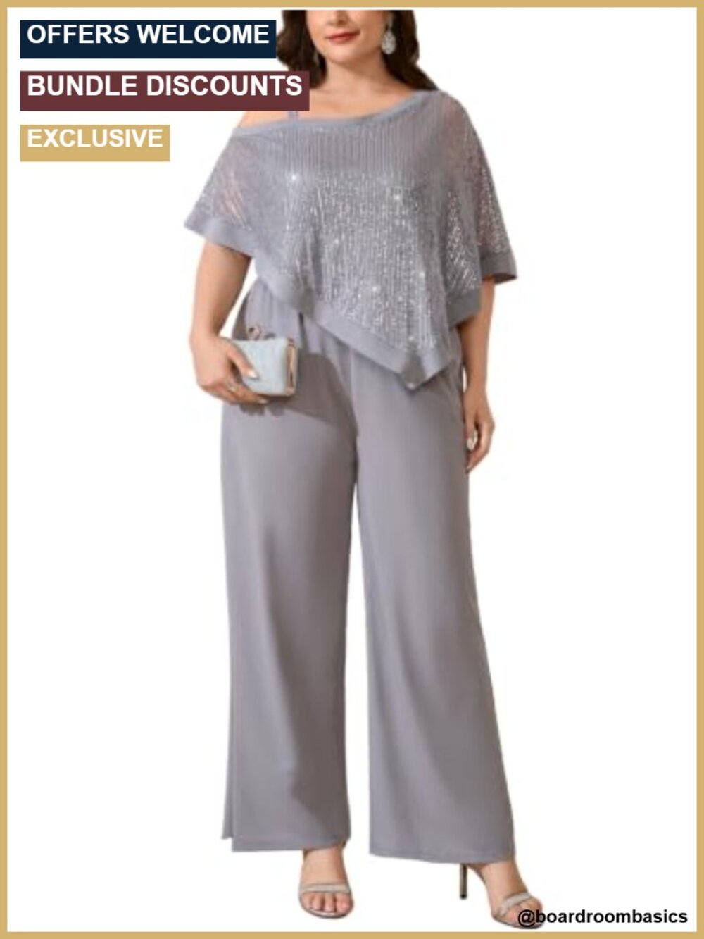 Plus Size Sequin Formal Pant Suit 2 Piece Asymmetric Cape Set with Pockets